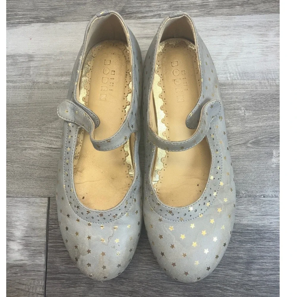 Mini Boden Girls Star Print Leather Mary Jane Flats Blue Gold EU 33 US 2 C1698